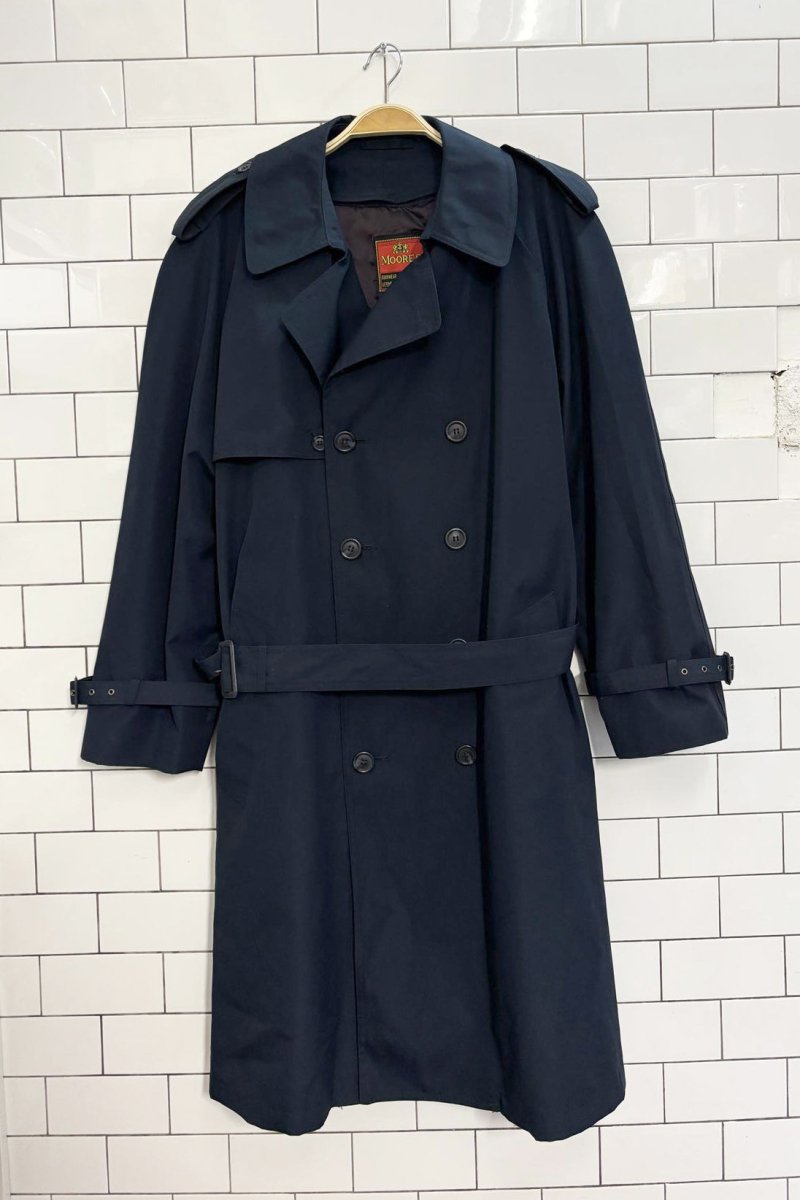 vintage 80s moores tartan - lined double breasted trench coat - good market thrift store