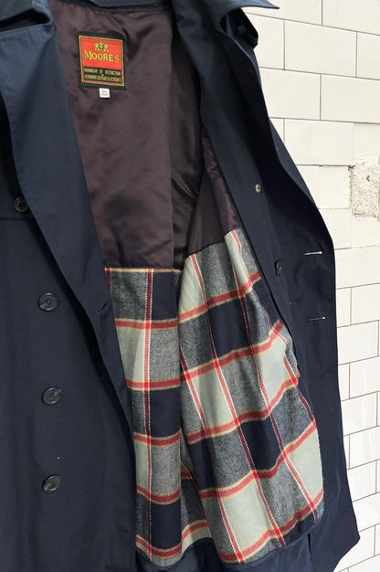 vintage 80s moores tartan - lined double breasted trench coat - good market thrift store