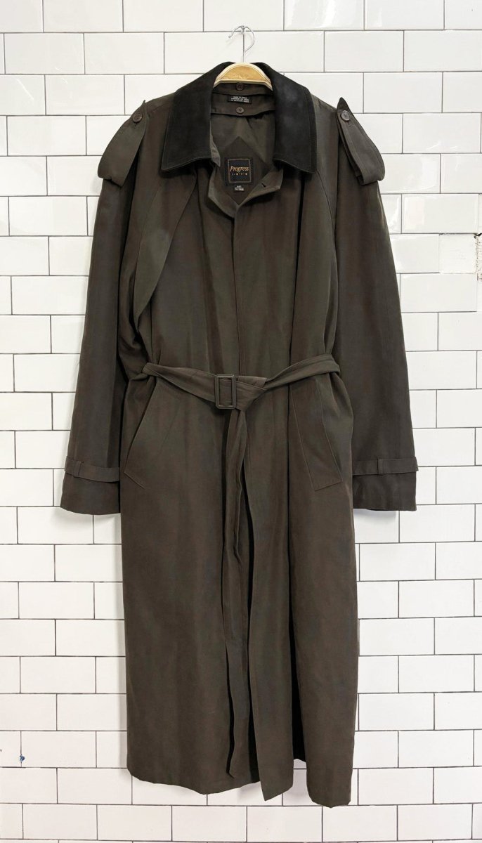 vintage 90s progress 1878 leather collar soft touch trench coat | wool - blend liner - good market thrift store