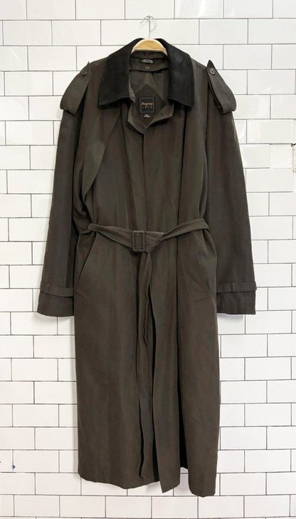 vintage 90s progress 1878 leather collar soft touch trench coat | wool - blend liner - good market thrift store