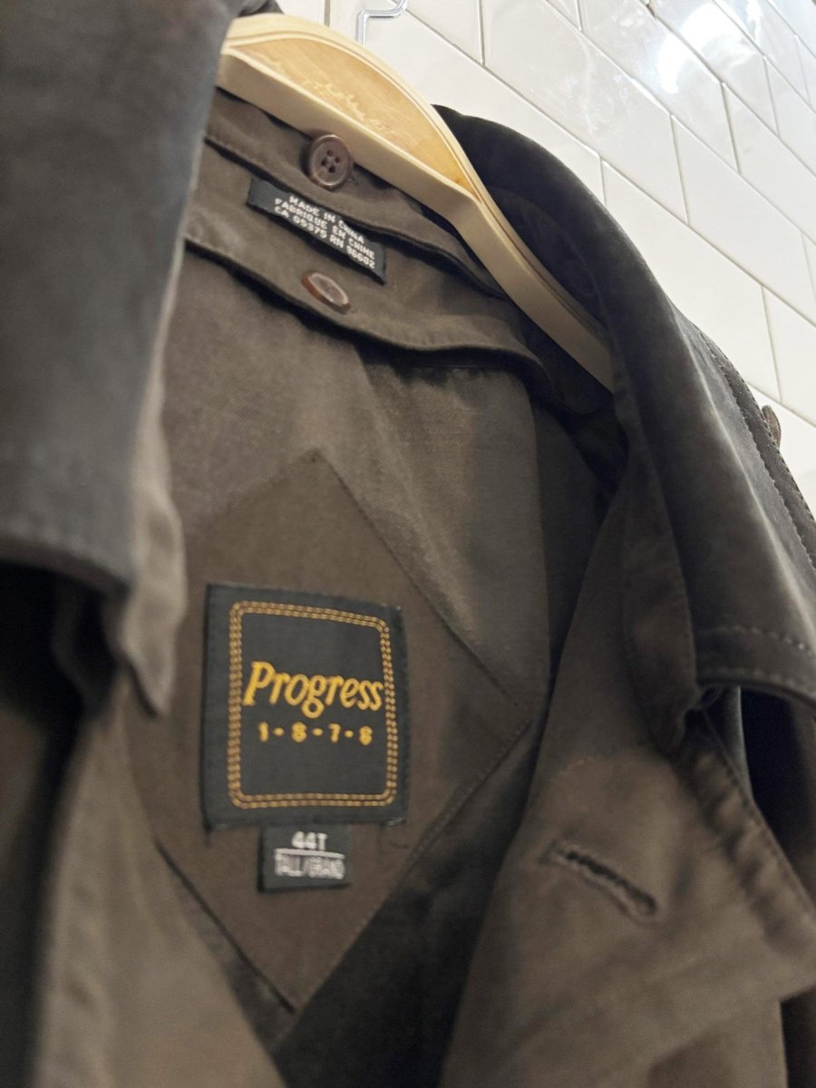 vintage 90s progress 1878 leather collar soft touch trench coat | wool - blend liner - good market thrift store