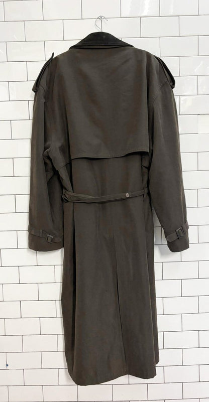 vintage 90s progress 1878 leather collar soft touch trench coat | wool - blend liner - good market thrift store