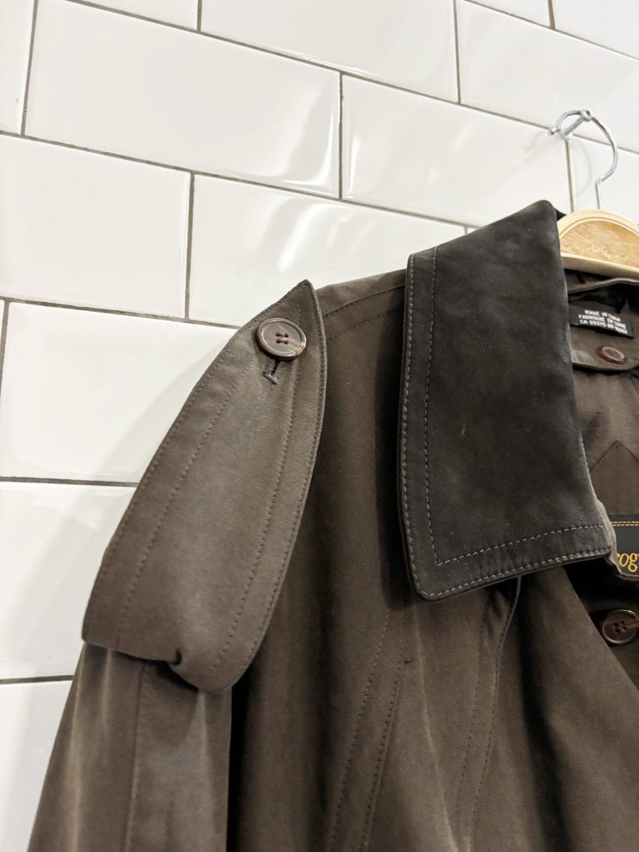 vintage 90s progress 1878 leather collar soft touch trench coat | wool - blend liner - good market thrift store