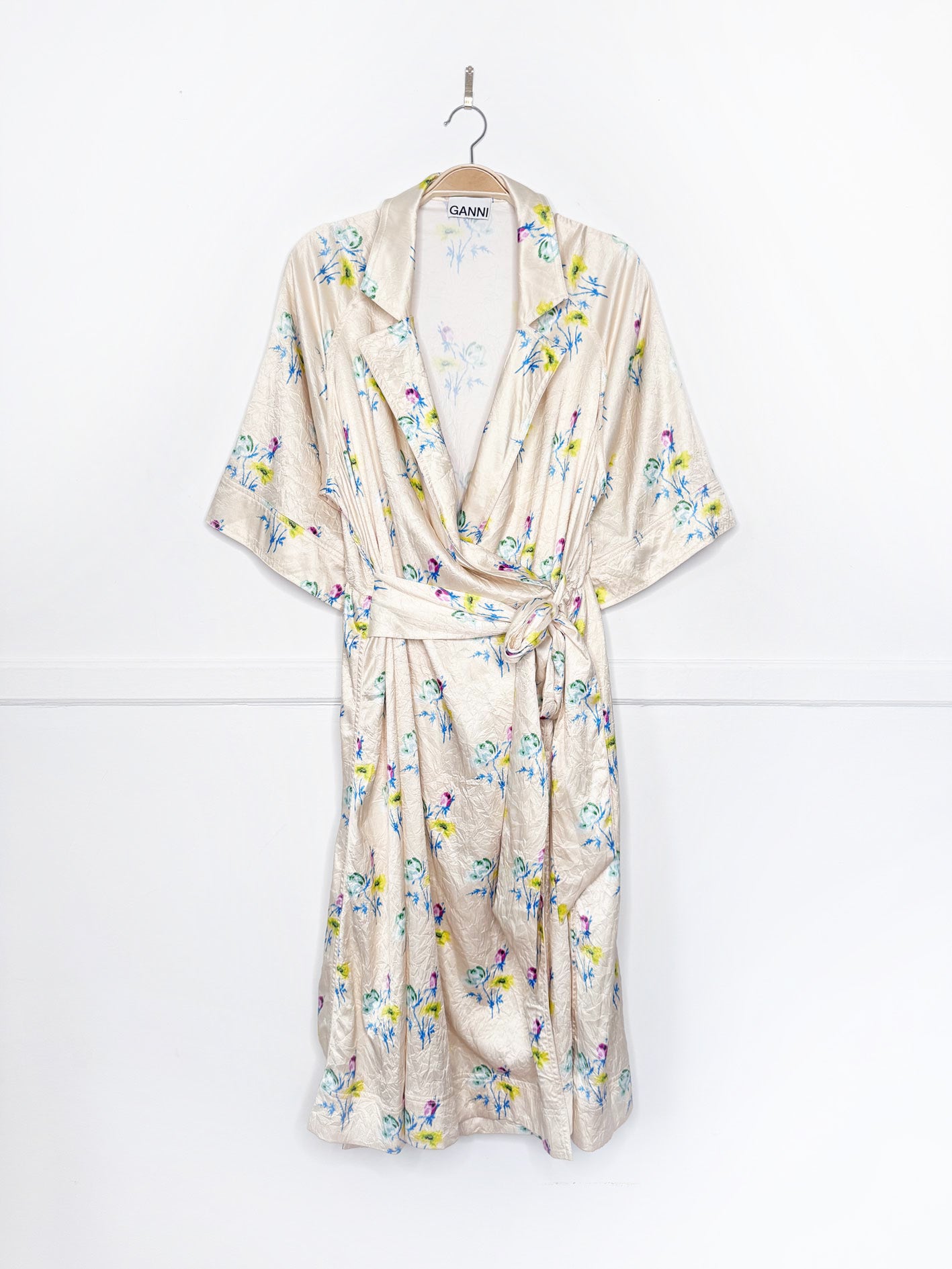 ganni crinkled satin floral belted wrap midi dress