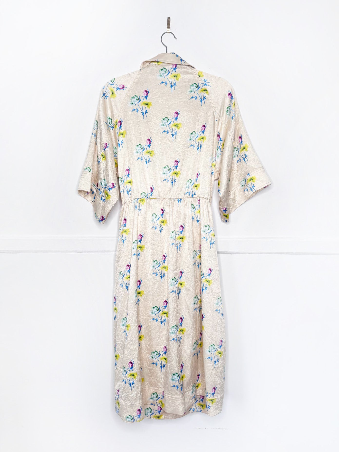ganni crinkled satin floral belted wrap midi dress
