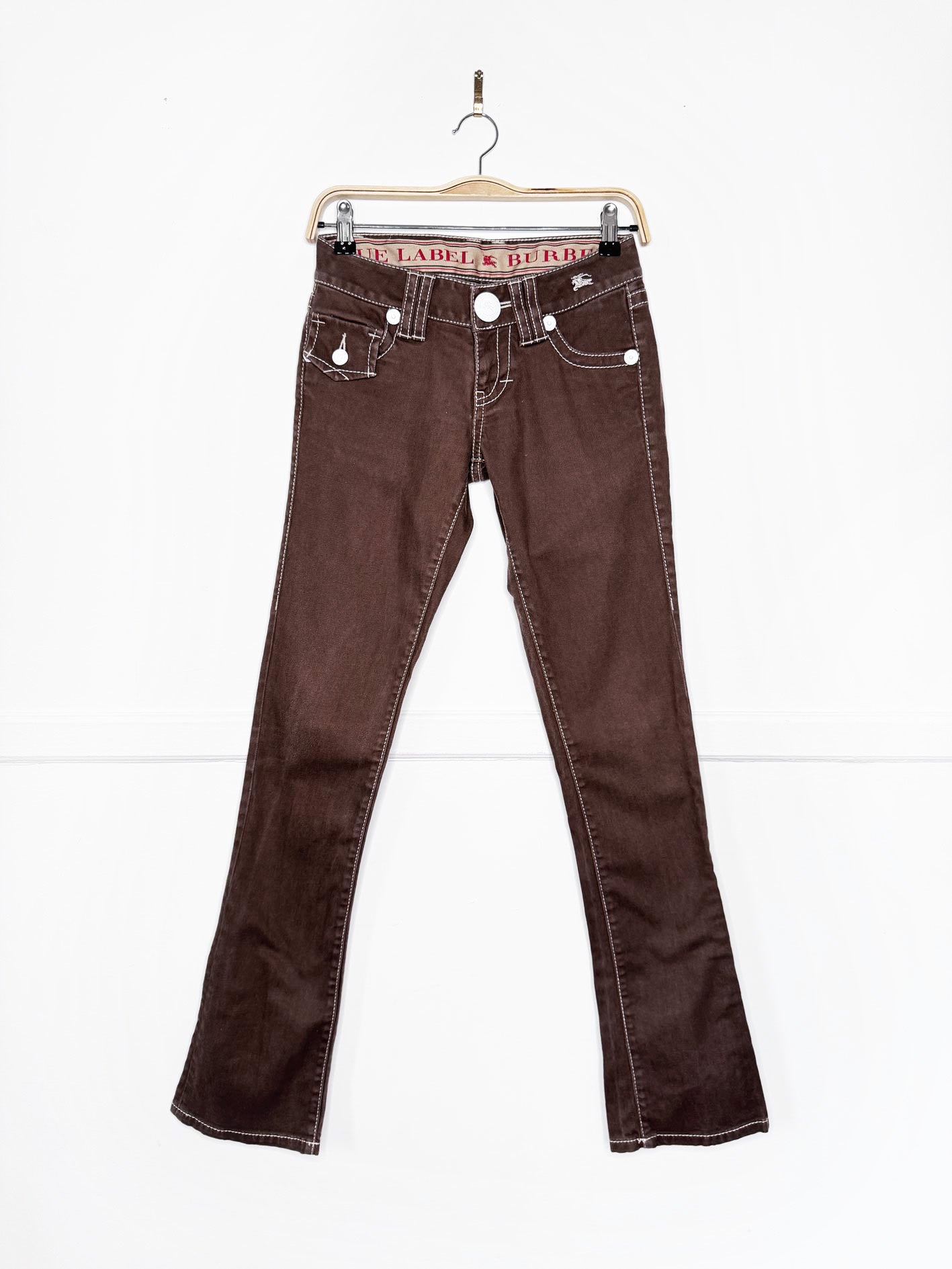 y2k burberry blue label contrast stitch low rise jeans