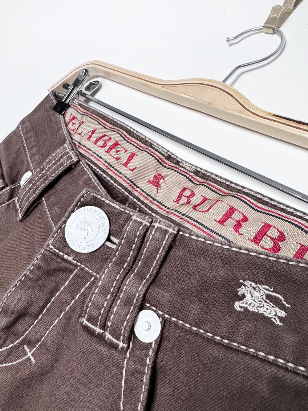 y2k burberry blue label contrast stitch low rise jeans