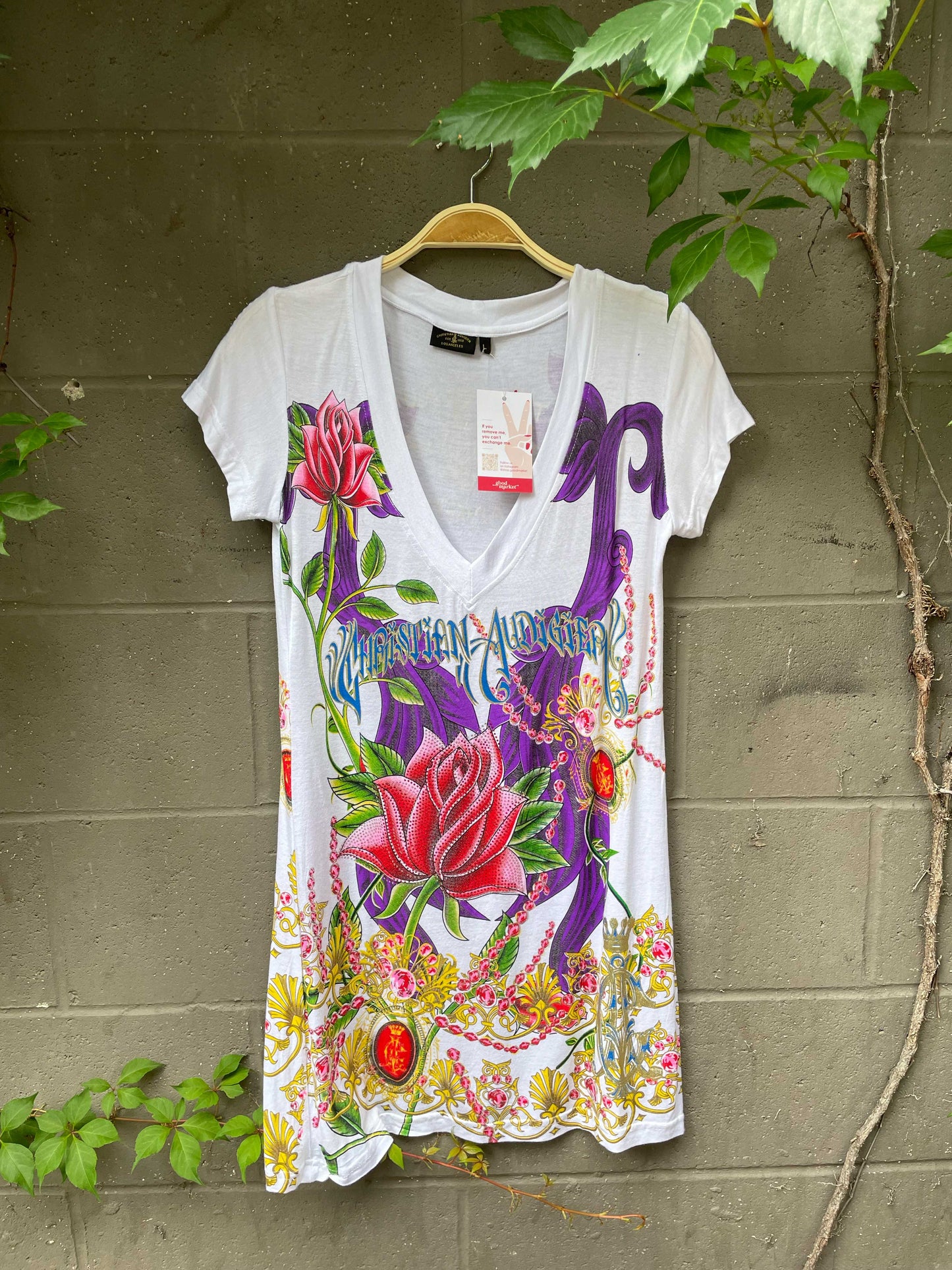 christian audigier studded rose v-neck dress