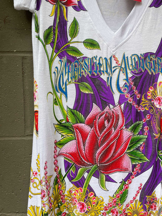 christian audigier studded rose v-neck dress