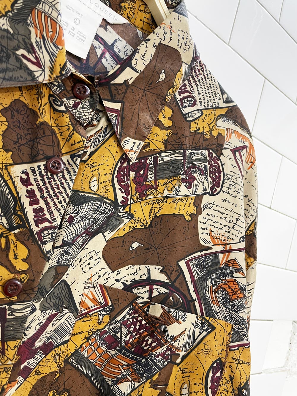 vintage 90s jack mulqueen 100% silk full button shirt