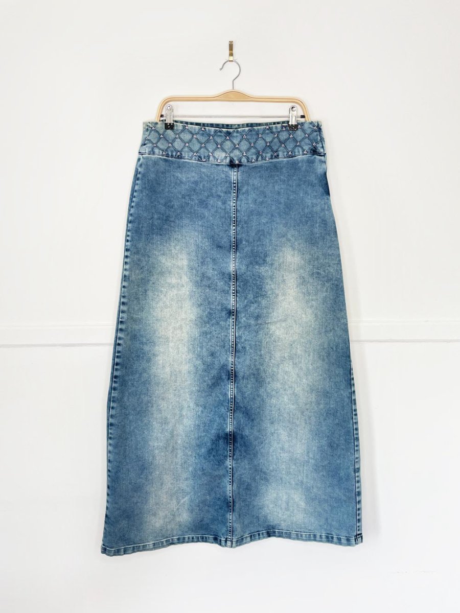 y2k promod argyle waist denim flood maxi skirt - good market thrift store