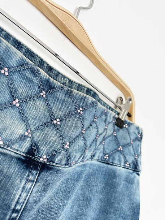 y2k promod argyle waist denim flood maxi skirt - good market thrift store