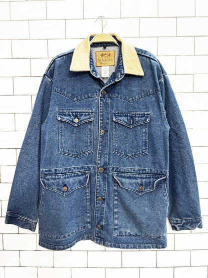 schaefer outfitter leather collar denim western chore coat | made in usa - good market thrift store