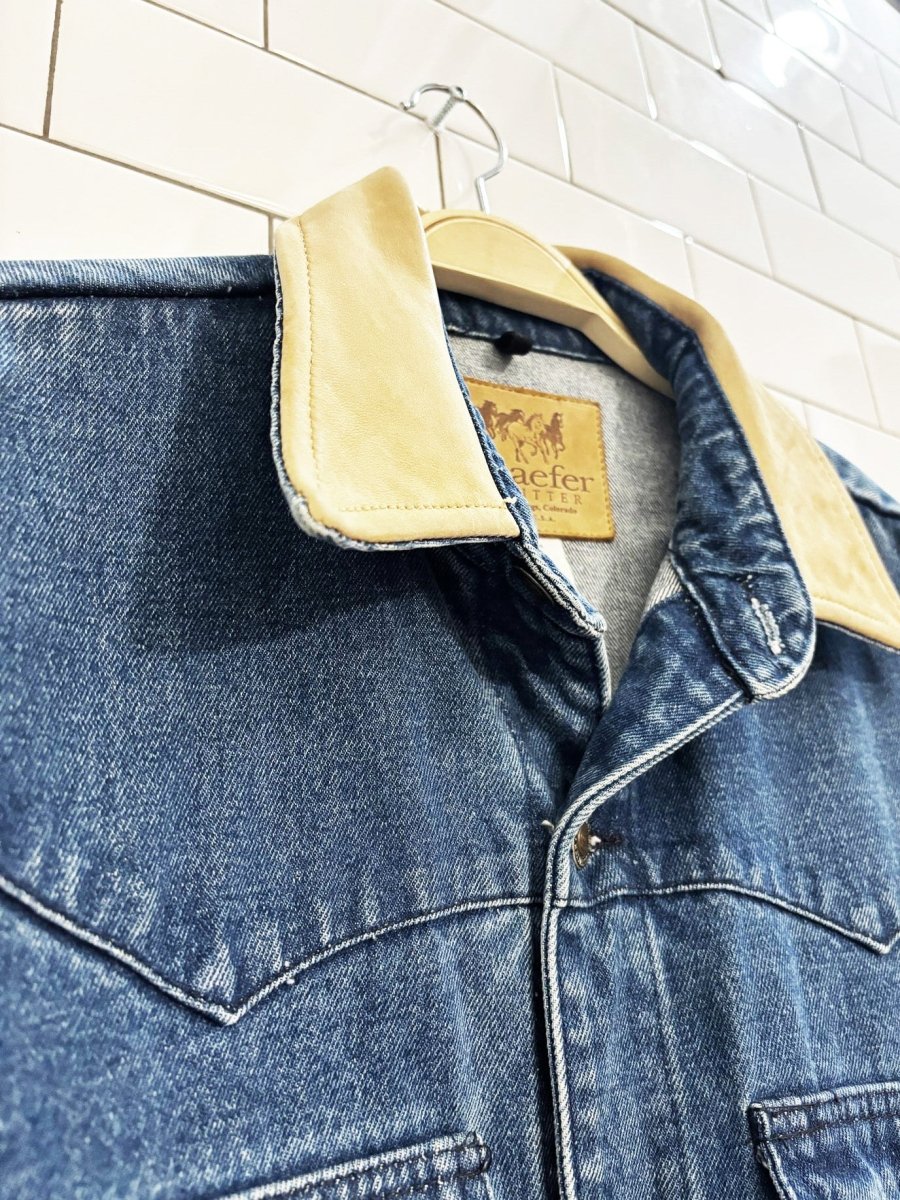 schaefer outfitter leather collar denim western chore coat | made in usa - good market thrift store