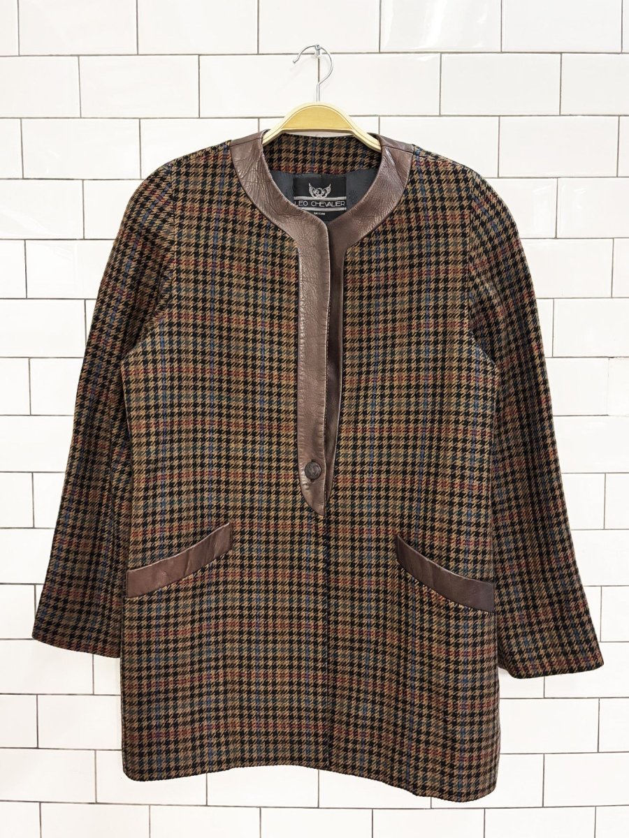 vintage 80s leo chevalier leather trim wool houndstooth jacket - good market thrift store