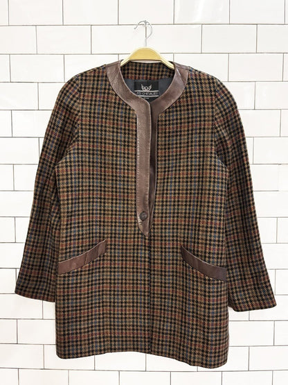 vintage 80s leo chevalier leather trim wool houndstooth jacket - good market thrift store