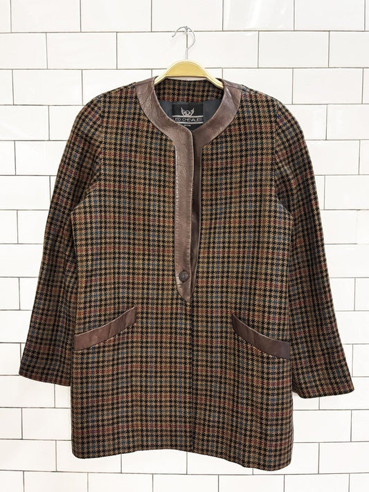 vintage 80s leo chevalier leather trim wool houndstooth jacket - good market thrift store