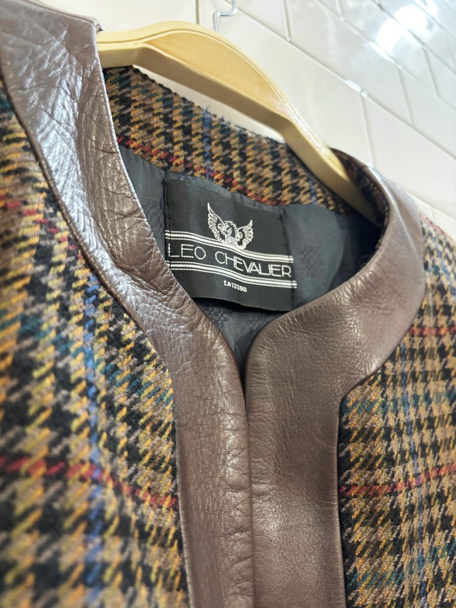 vintage 80s leo chevalier leather trim wool houndstooth jacket - good market thrift store