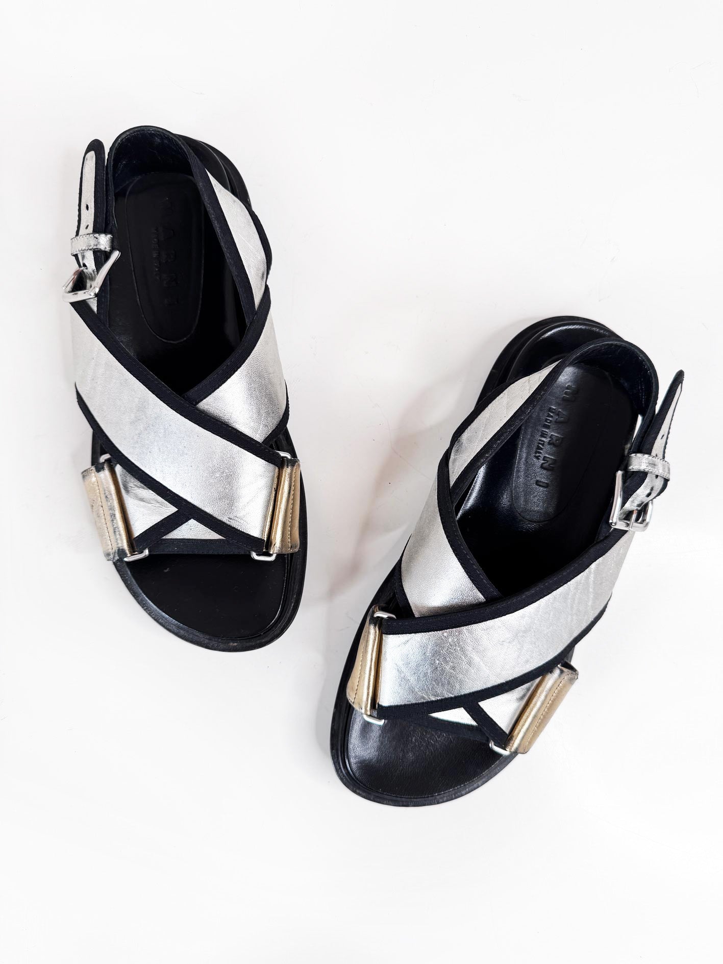 marni fussbett metallic leather criss cross sandal | made in Italy