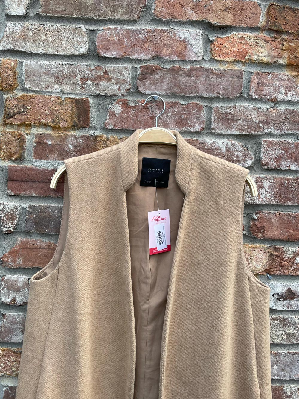 zara camel wool-blend long coat vest