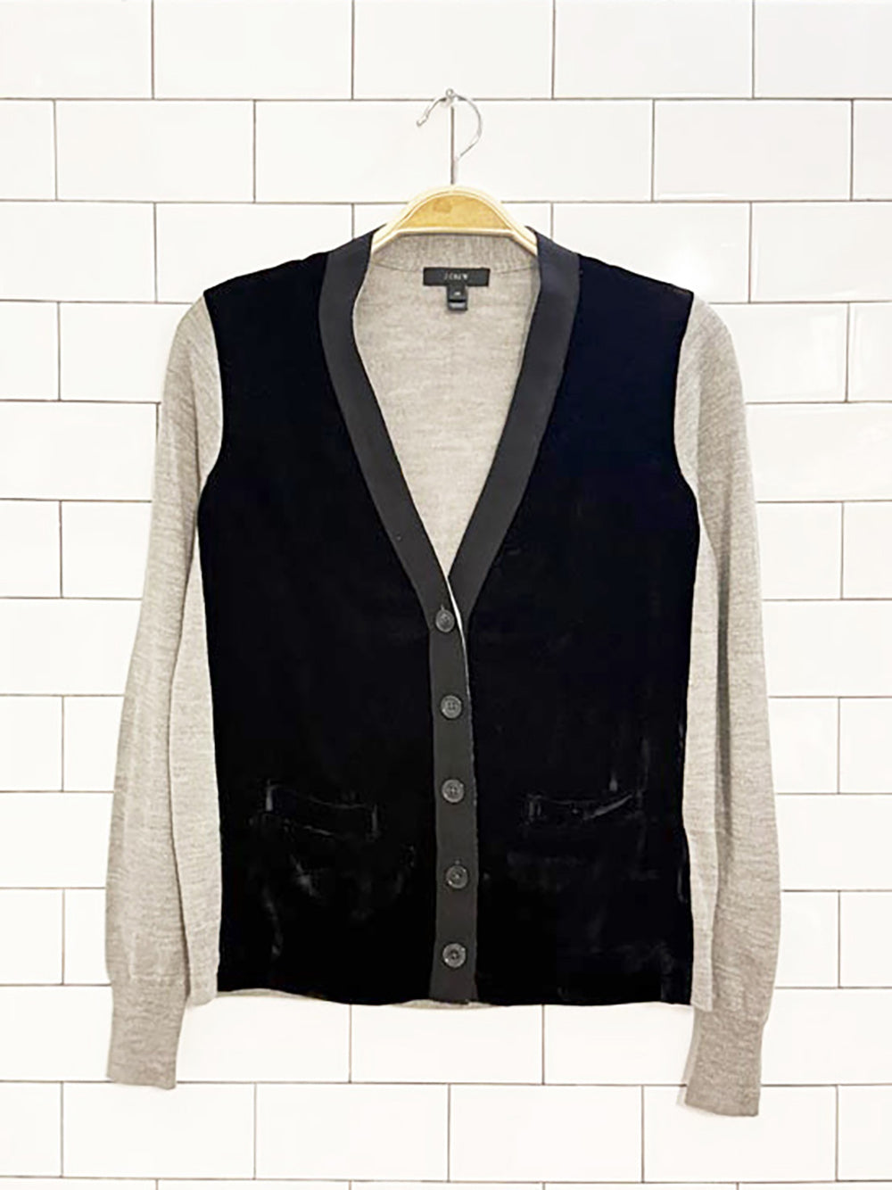 j crew merino wool-blend velvet front knit cardigan