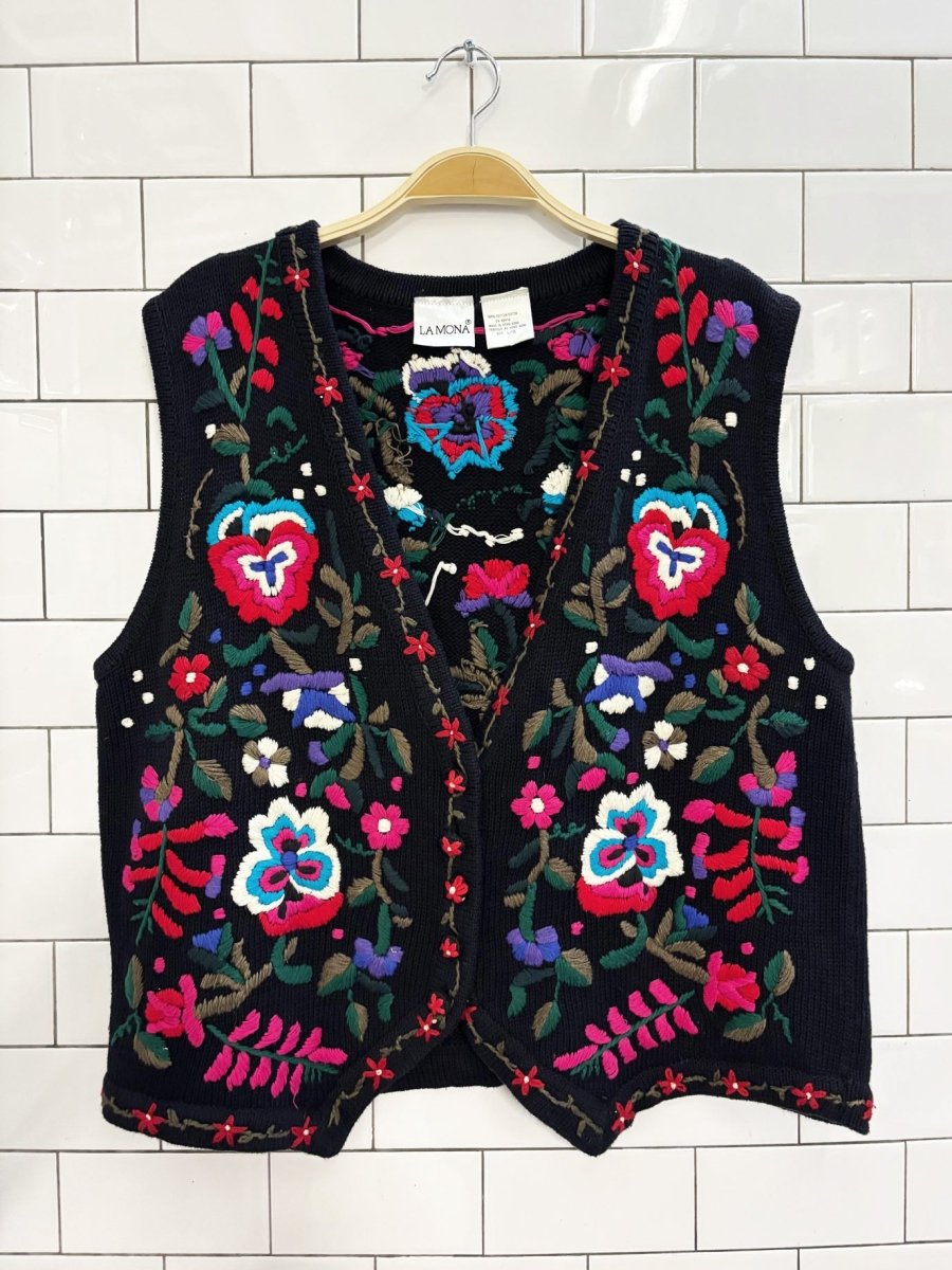 vintage 90s la mona floral embroidered knit vest - good market thrift store