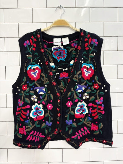 vintage 90s la mona floral embroidered knit vest - good market thrift store