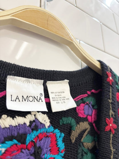 vintage 90s la mona floral embroidered knit vest - good market thrift store