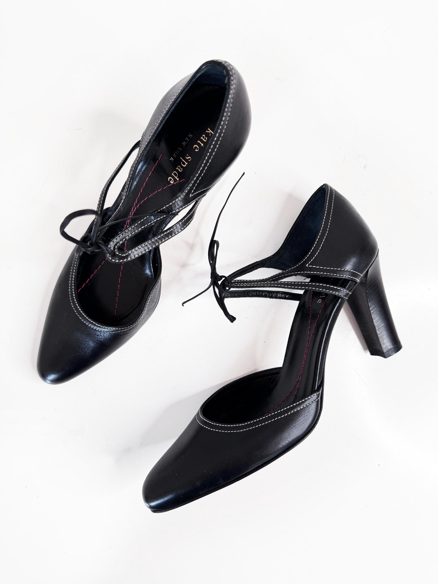 vintage 00s kate spade leather contrast stitch tie ankle mary jane heels | made in Italy