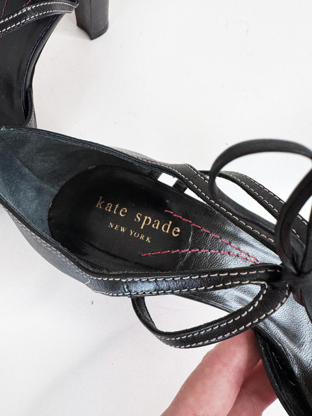 vintage 00s kate spade leather contrast stitch tie ankle mary jane heels | made in Italy
