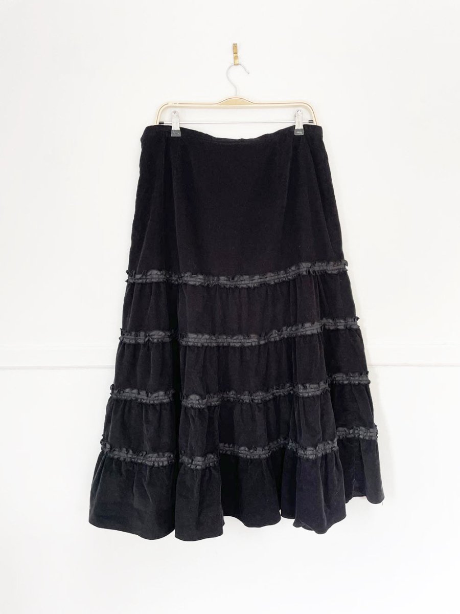 y2k jessica corduroy tiered boho prairie maxi skirt - good market thrift store
