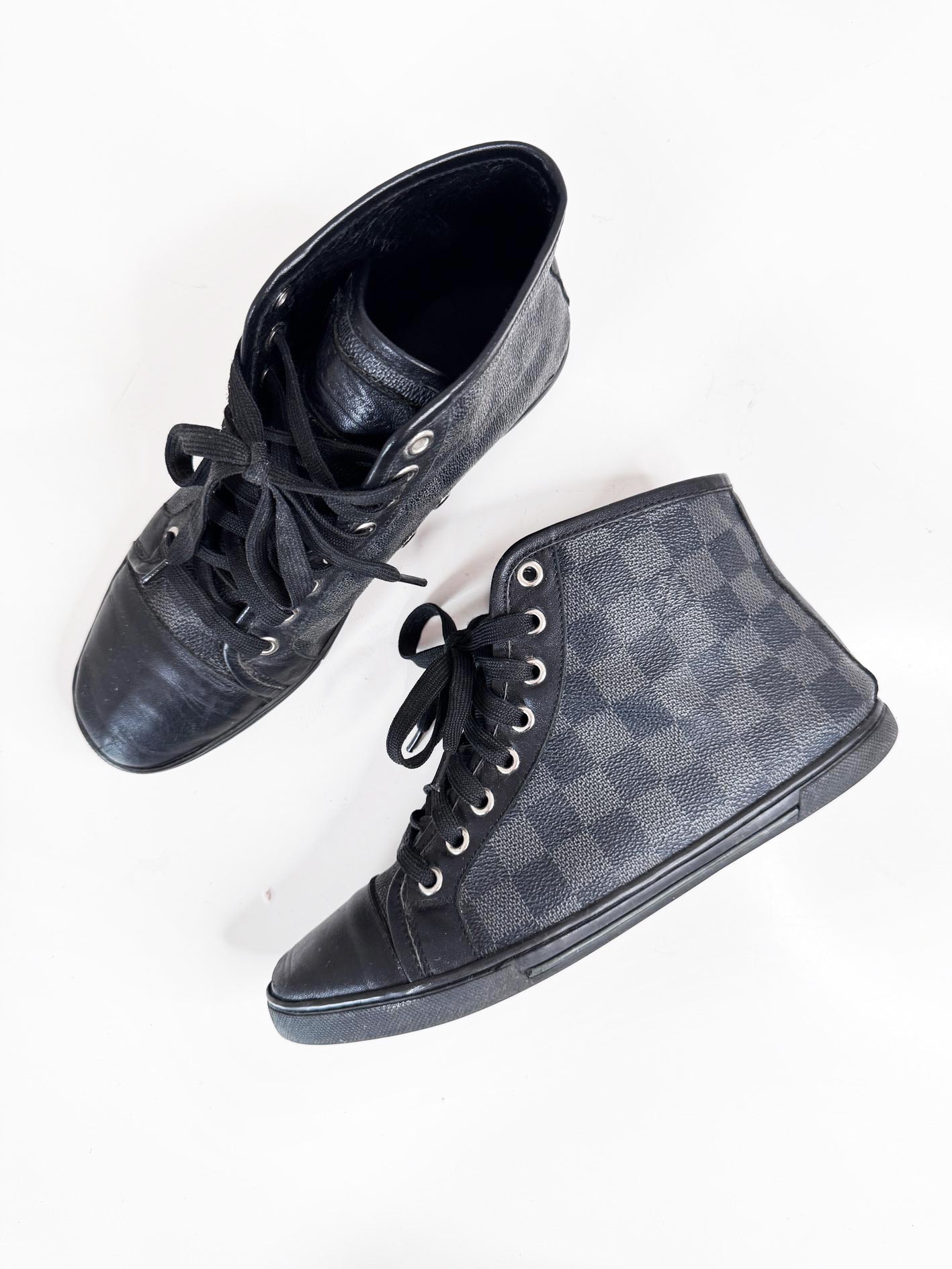 vintage 00s louis vuitton damier graphite canvas + leather high top sneakers