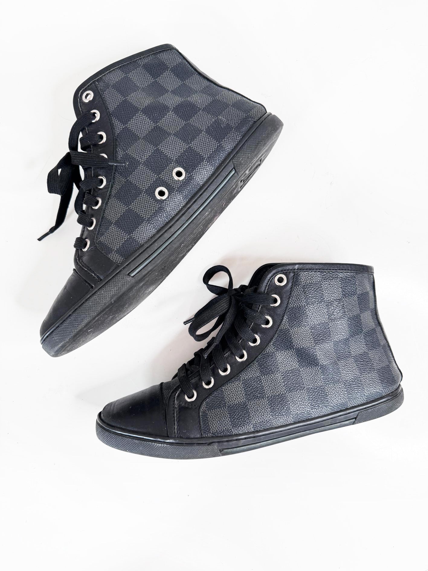 vintage 00s louis vuitton damier graphite canvas + leather high top sneakers