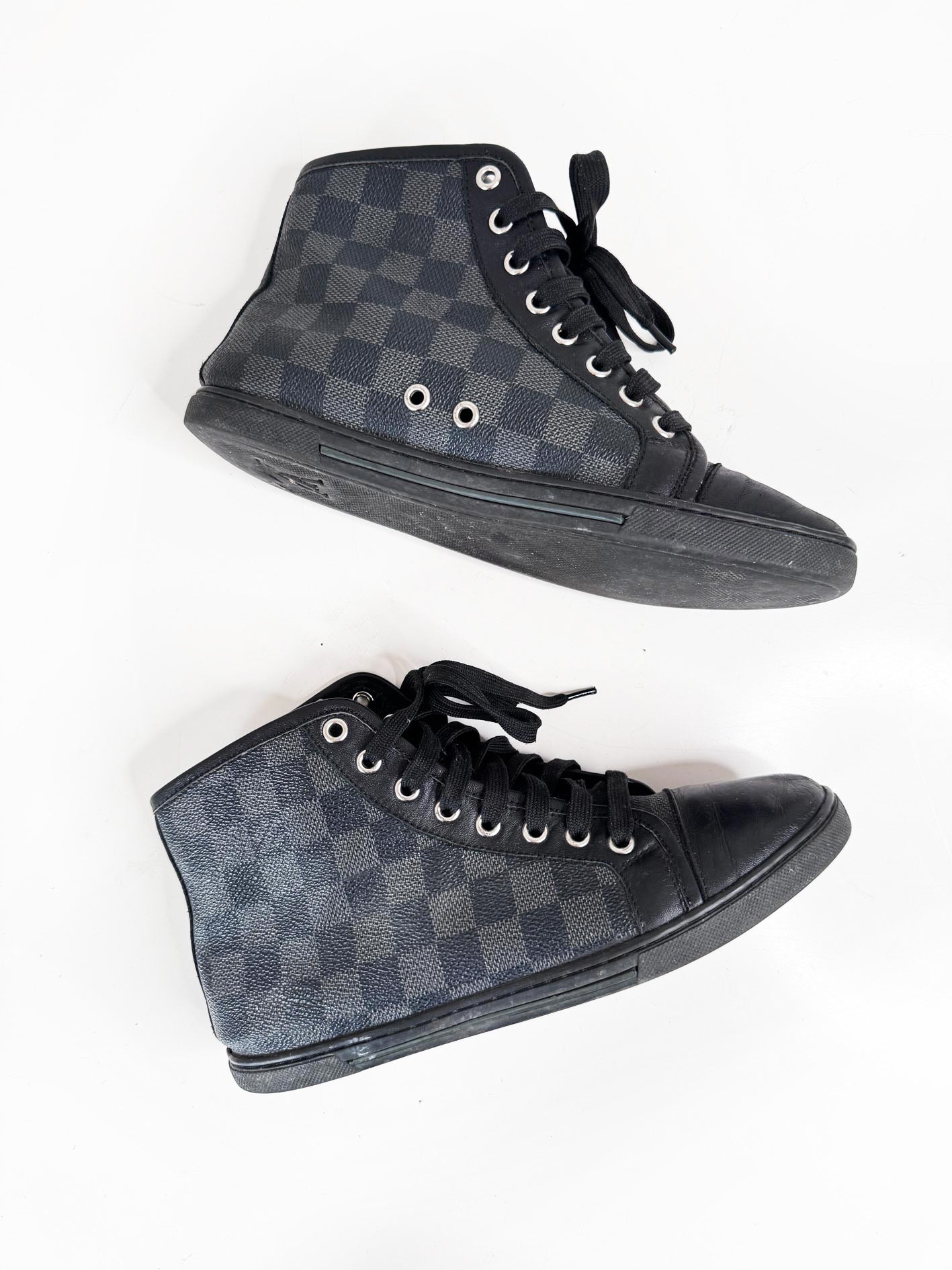 vintage 00s louis vuitton damier graphite canvas + leather high top sneakers