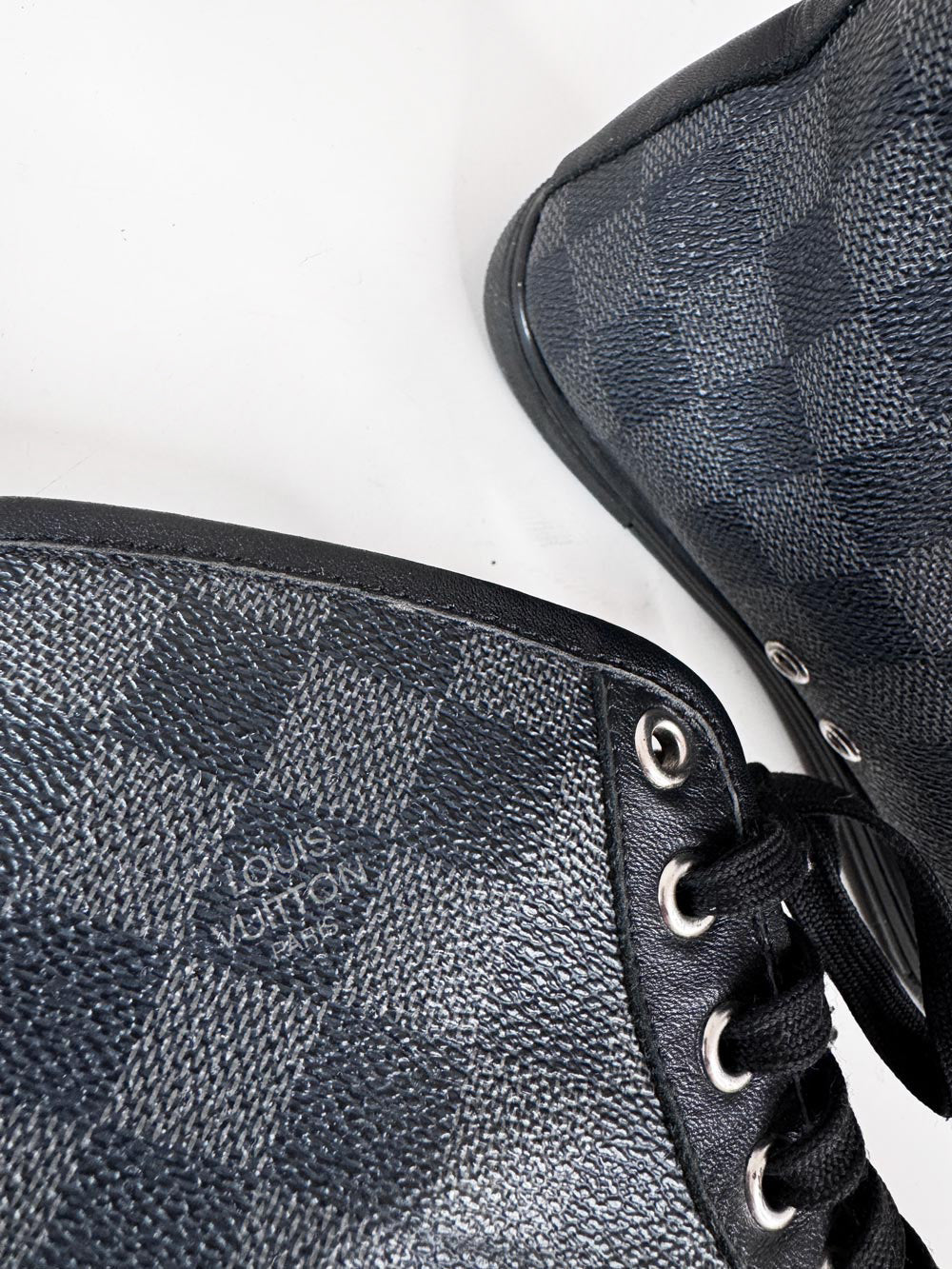vintage 00s louis vuitton damier graphite canvas + leather high top sneakers