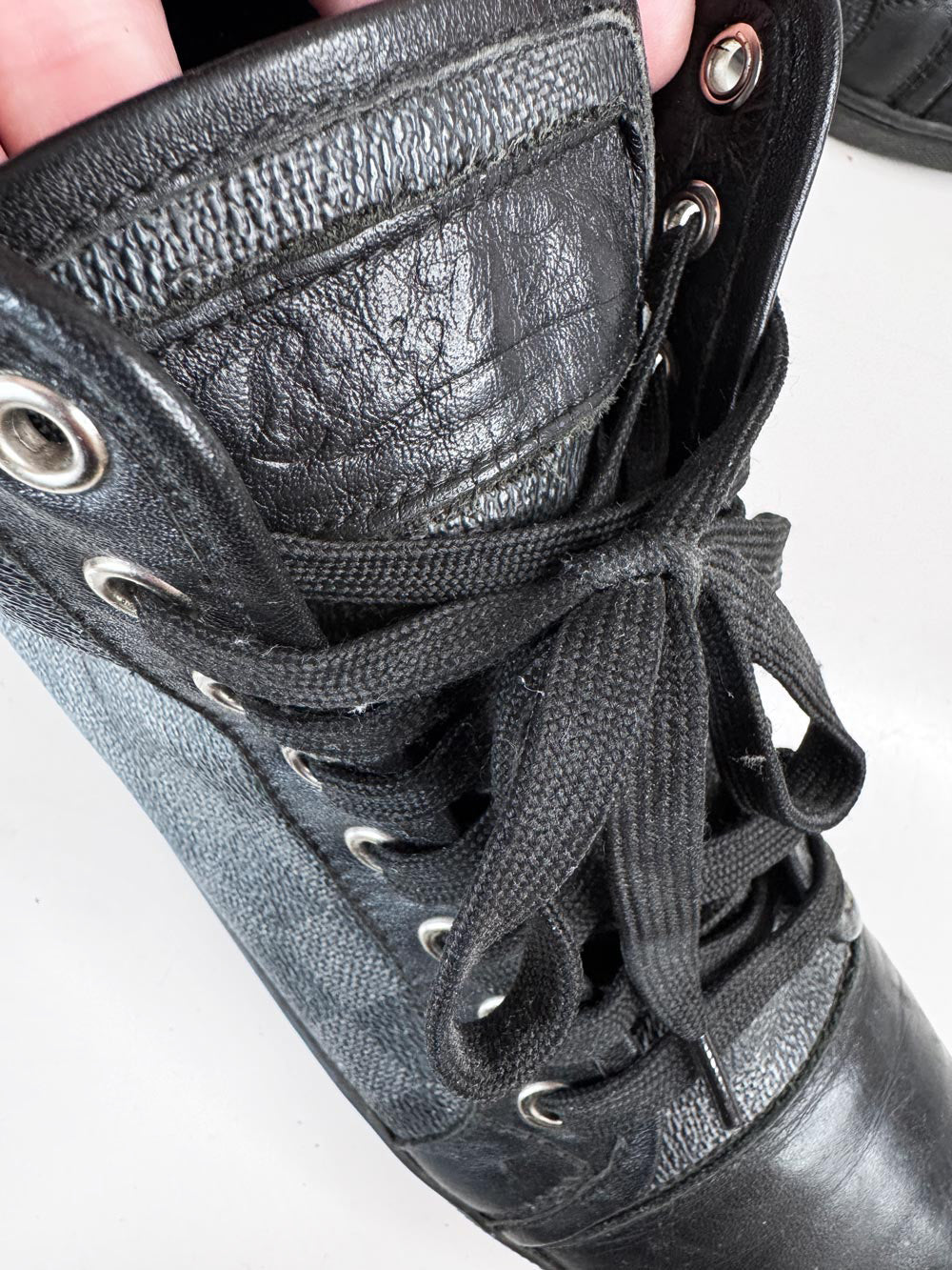 vintage 00s louis vuitton damier graphite canvas + leather high top sneakers
