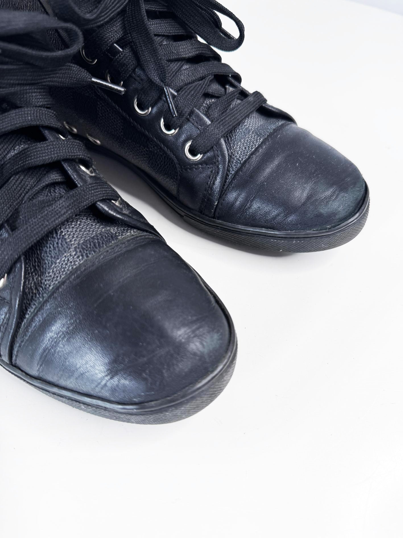 vintage 00s louis vuitton damier graphite canvas + leather high top sneakers