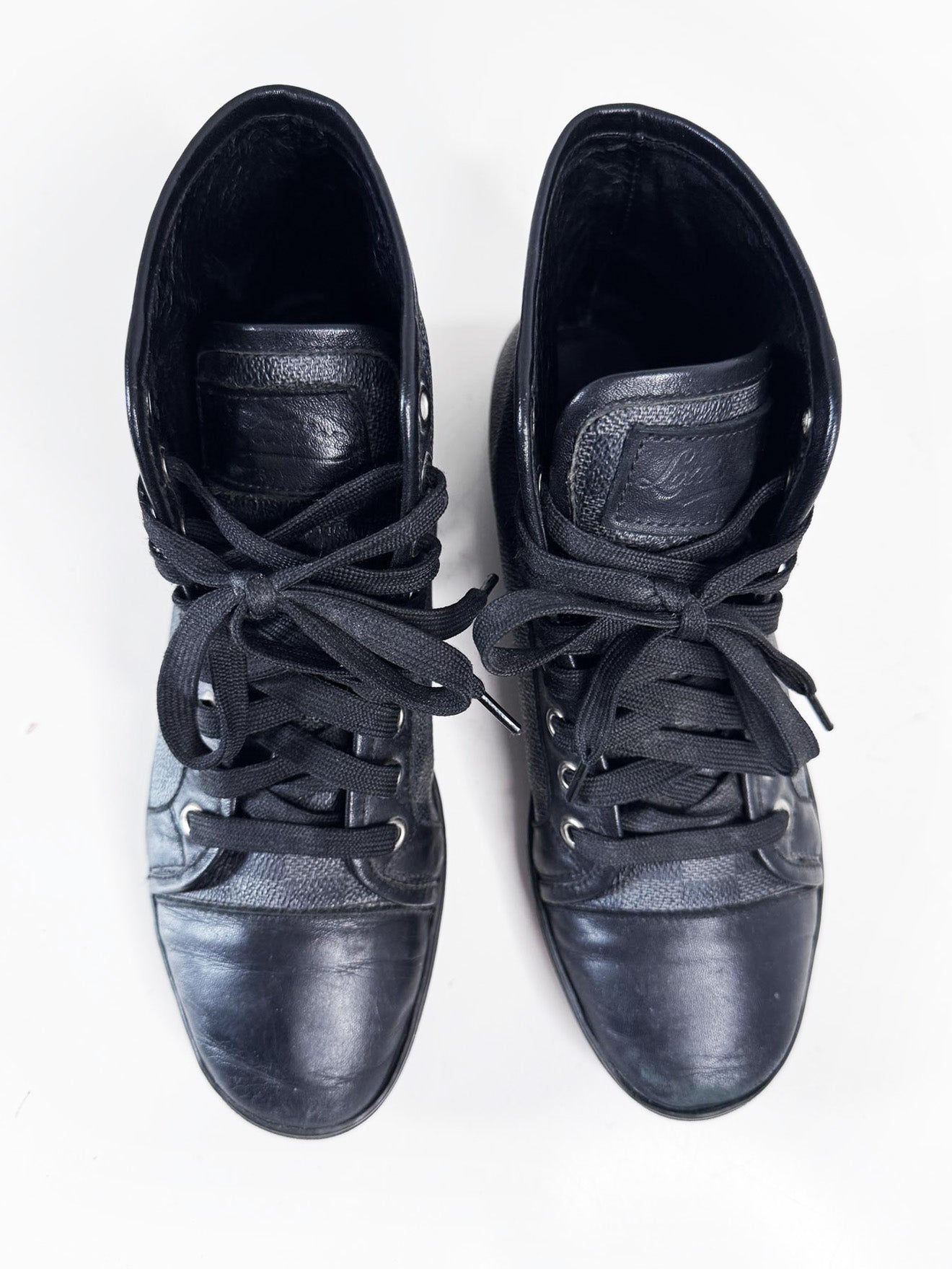vintage 00s louis vuitton damier graphite canvas + leather high top sneakers