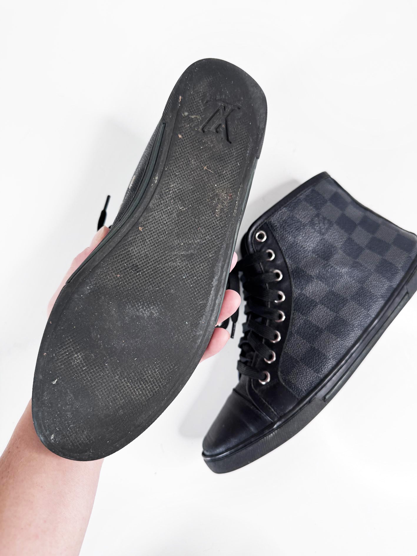 vintage 00s louis vuitton damier graphite canvas + leather high top sneakers