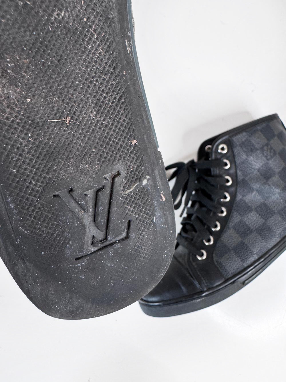 vintage 00s louis vuitton damier graphite canvas + leather high top sneakers