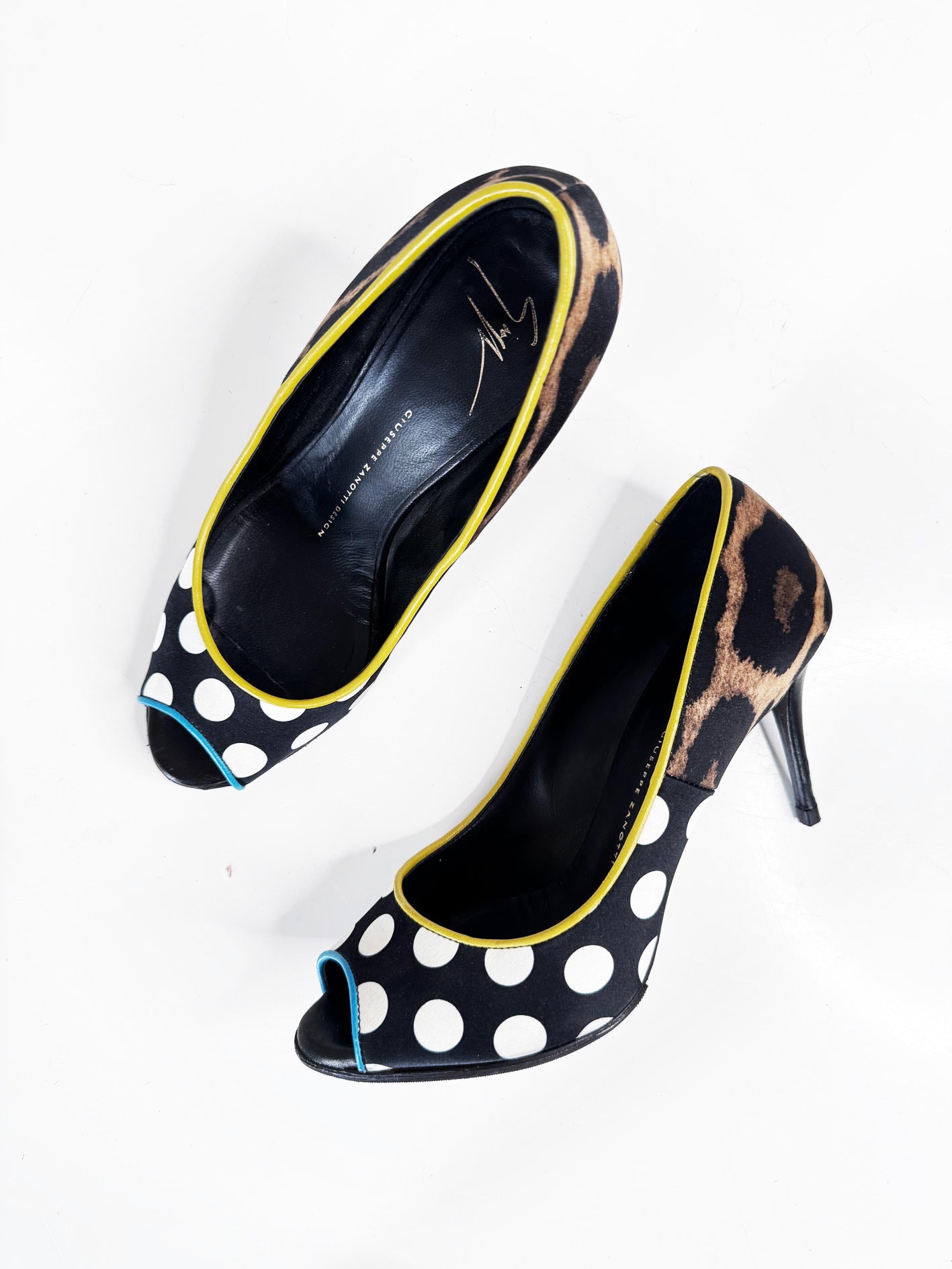 giuseppe zanotti satin + leather polka dot peep toe pumps | made in Italy