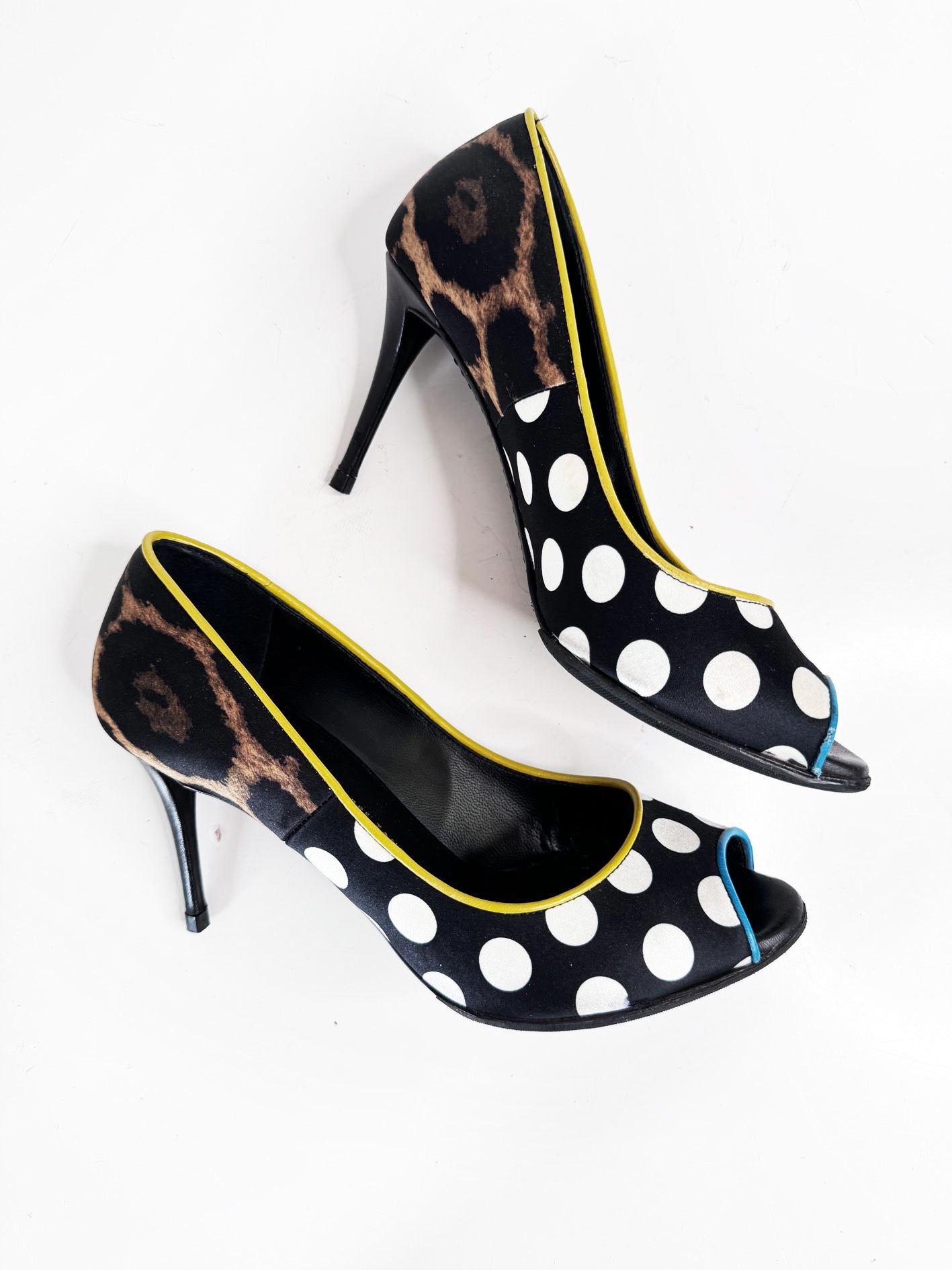 giuseppe zanotti satin + leather polka dot peep toe pumps | made in Italy