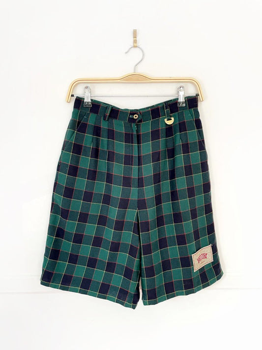 vintage vicjoy gold 100% wool plaid pleated long shorts - good market thrift store