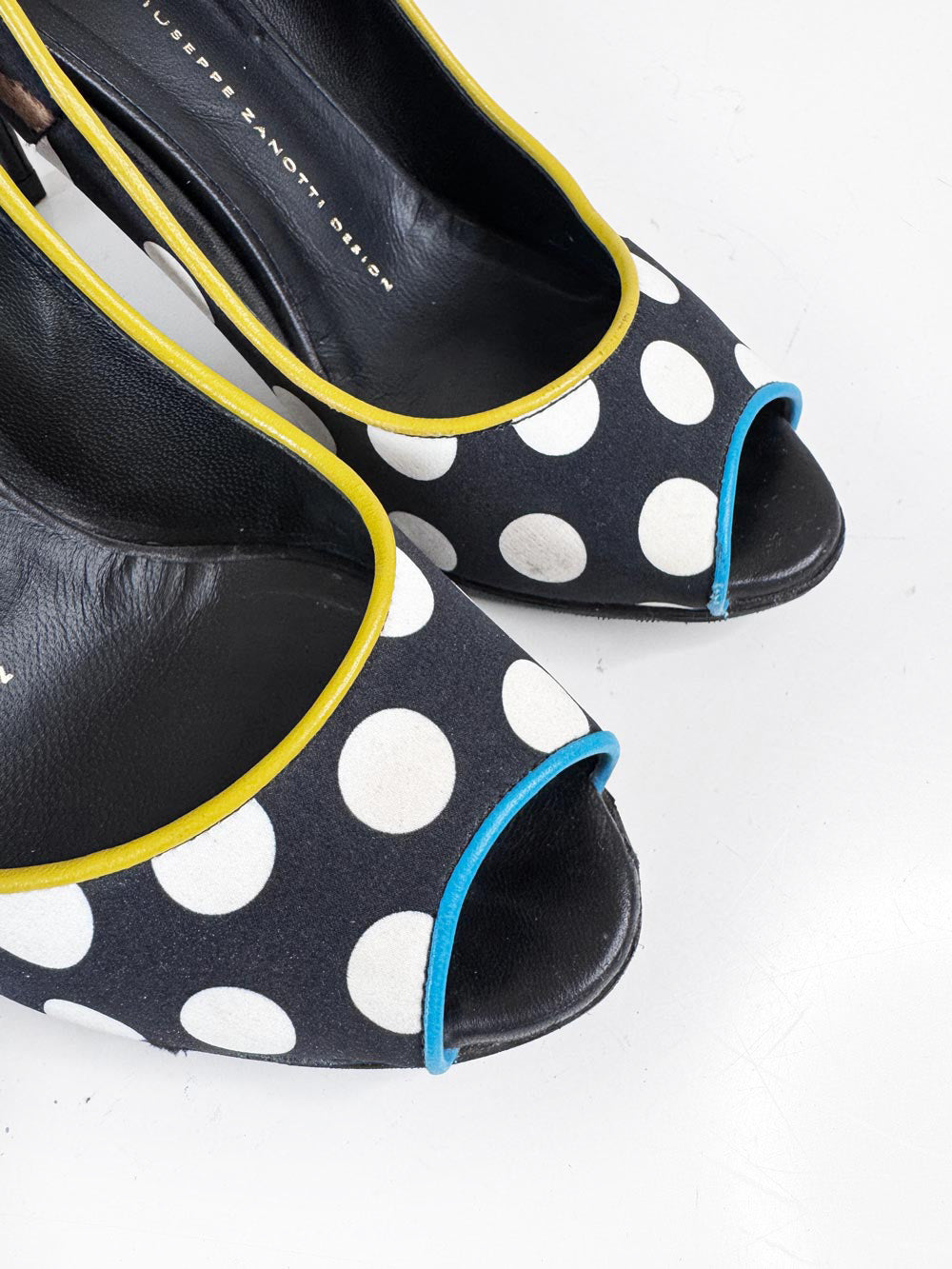 giuseppe zanotti satin + leather polka dot peep toe pumps | made in Italy