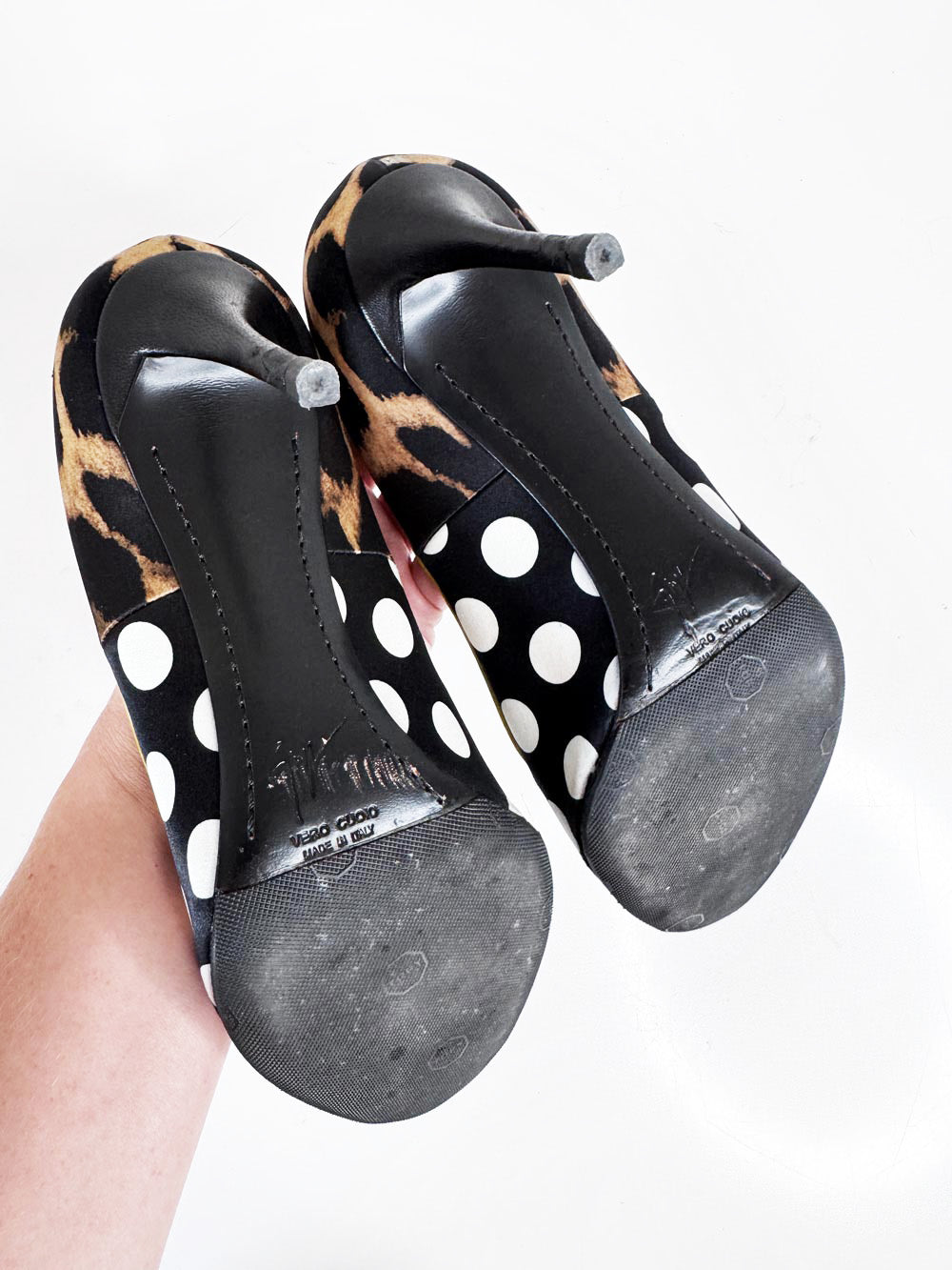 giuseppe zanotti satin + leather polka dot peep toe pumps | made in Italy