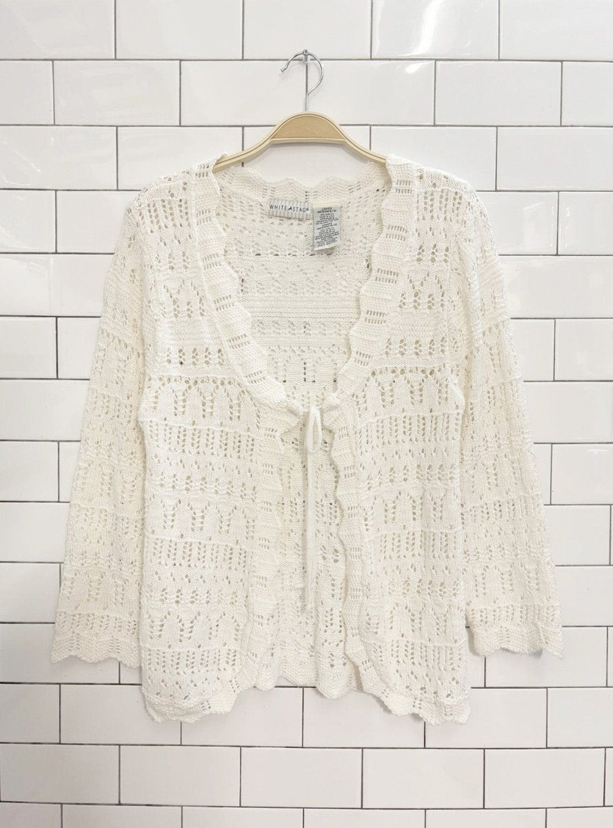 vintage 00s white stag crochet knit tie front cardigan | made in usa - good market thrift store