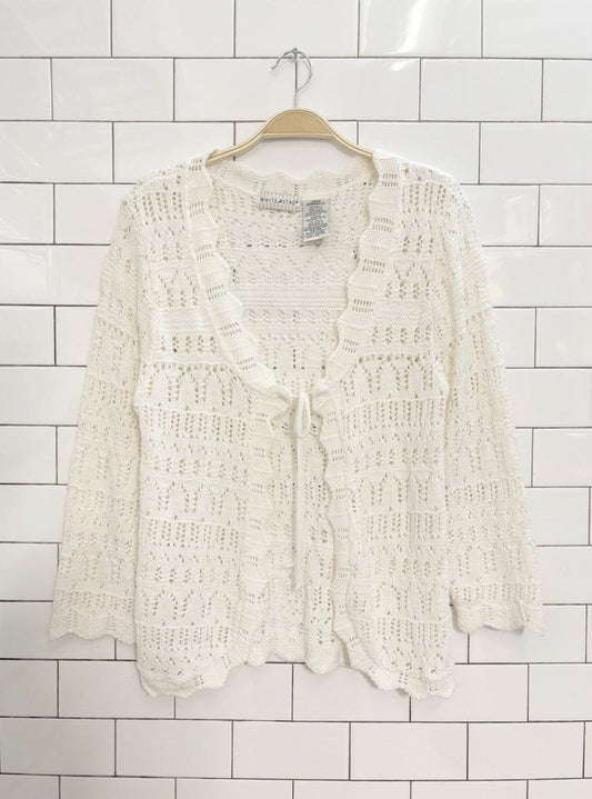 vintage 00s white stag crochet knit tie front cardigan | made in usa - good market thrift store