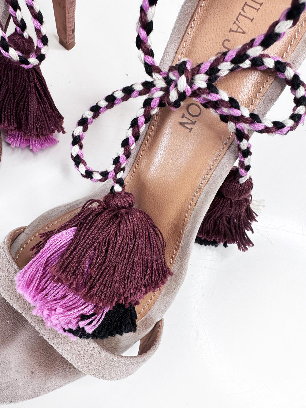 ulla johnson reina suede braided tassel strap heeled sandal