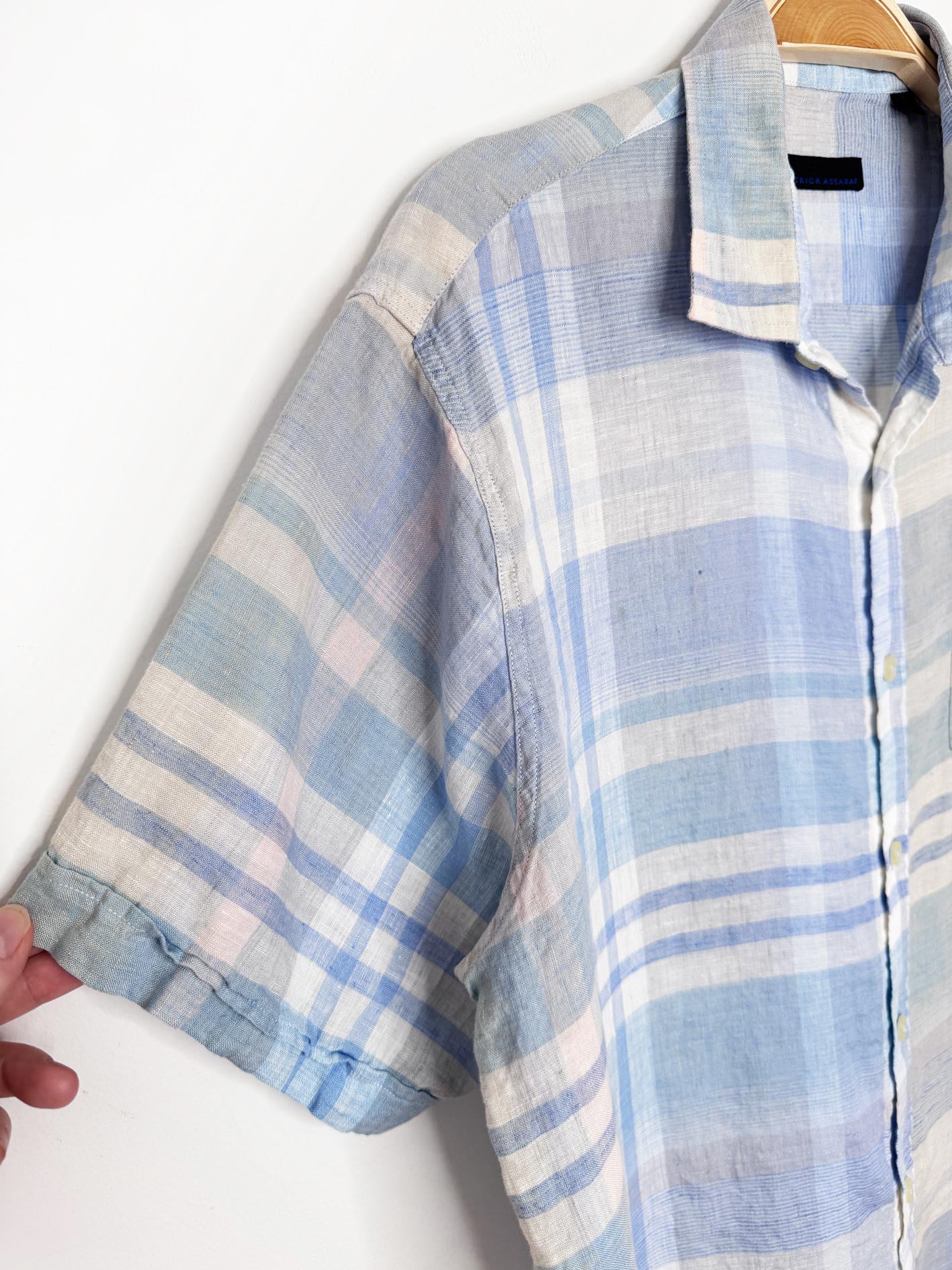 patrick assaraf 100% linen plaid full button shirt