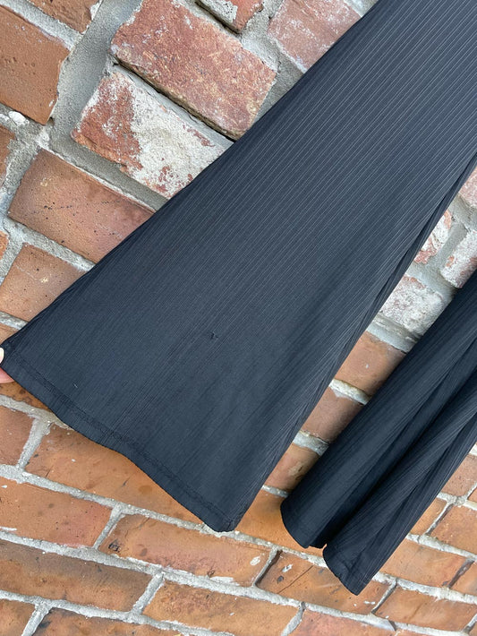 shiny ribbed flare leg pull on comfort pants
